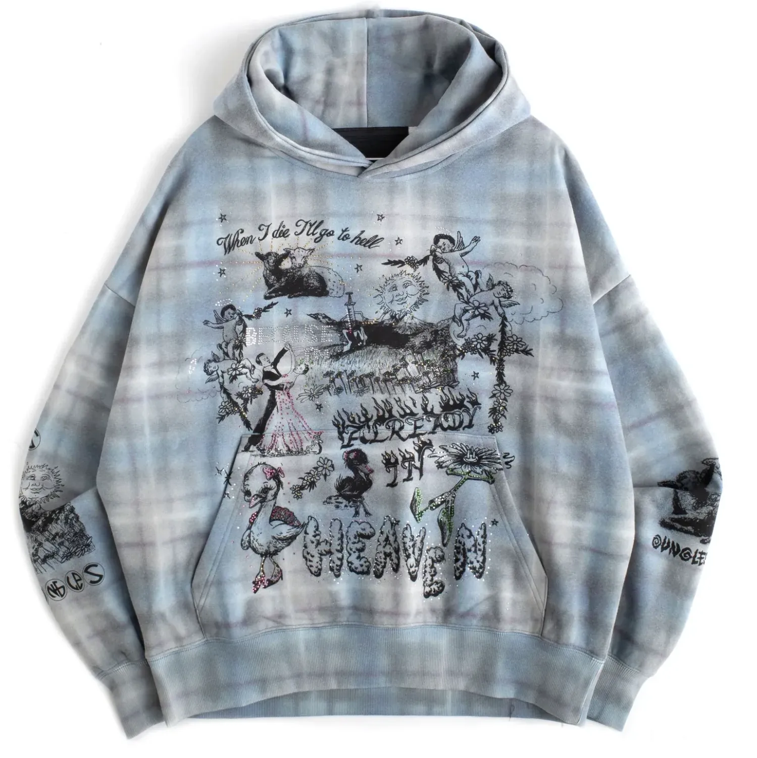 Jungles tartan plaid hoodie with detailed graphic and rhinestones.