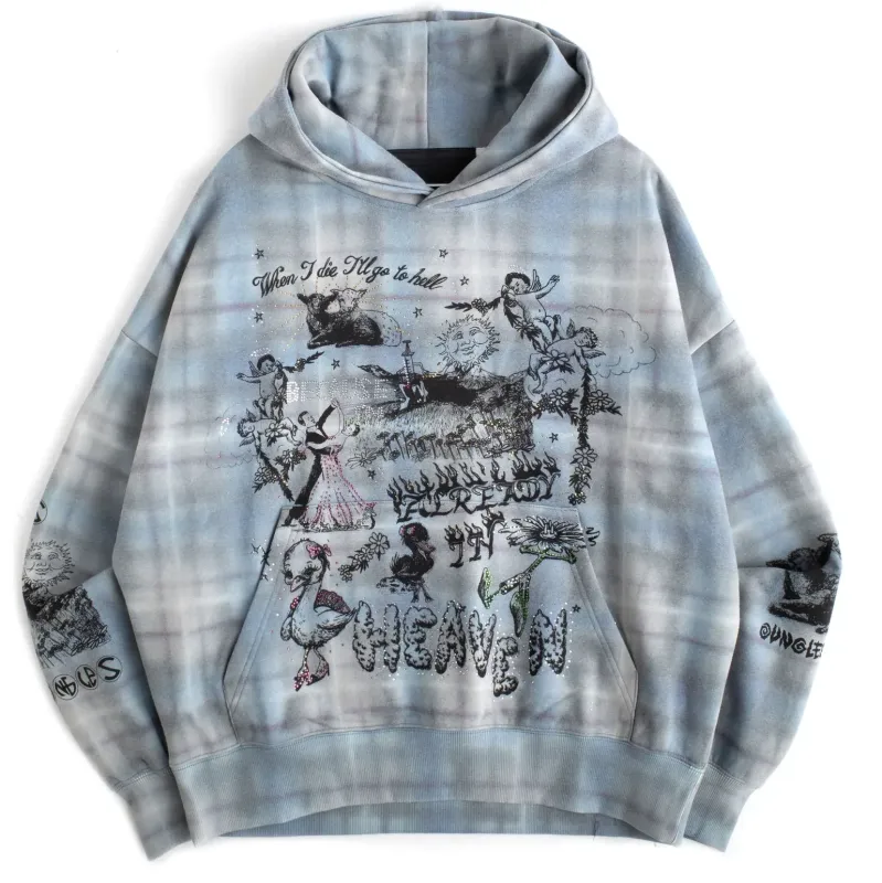 Jungles tartan plaid hoodie with detailed graphic and rhinestones.