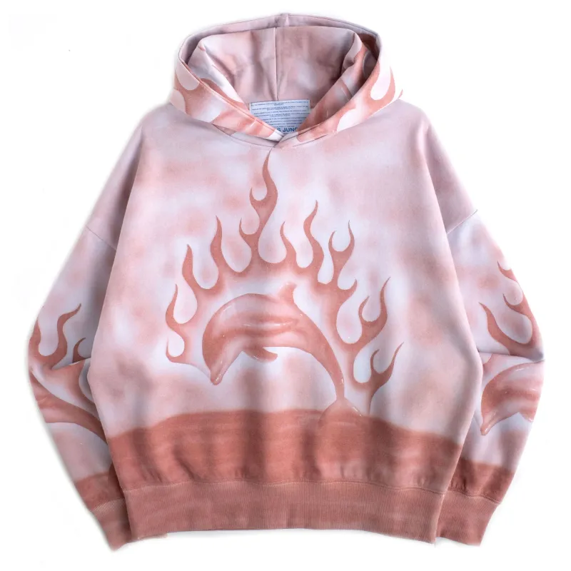 Pink Jungles hoodie with flaming dolphin airbrush graphic on front.