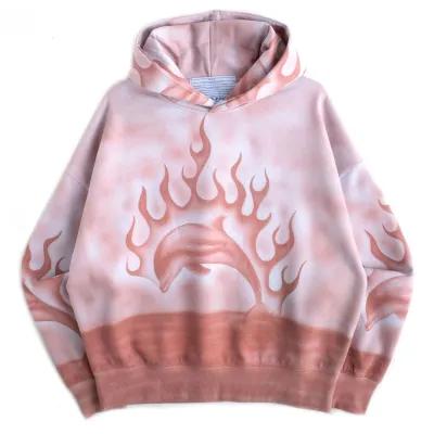 Pink Jungles hoodie with flaming dolphin airbrush graphic on front.
