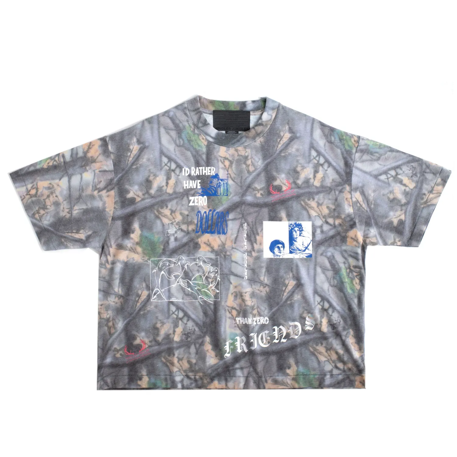 Jungles camo tee with mixed graphics and “zero dollars zero friends” text.