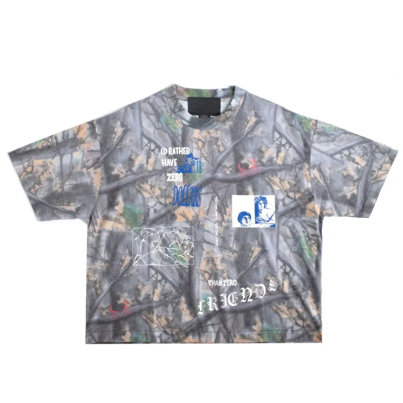Jungles camo tee with mixed graphics and “zero dollars zero friends” text.