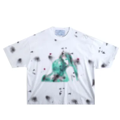 Jungles white marble tee with blurred green airbrush graphic on front.