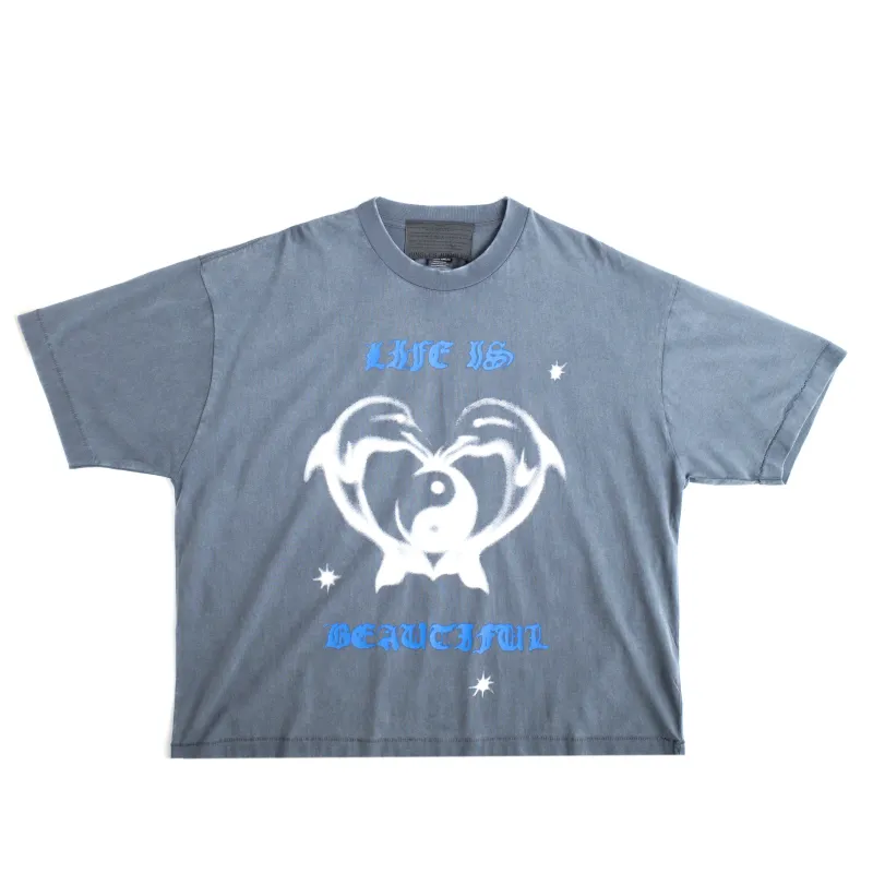 Jungles vintage blue tee with dolphin heart and yin yang graphic.