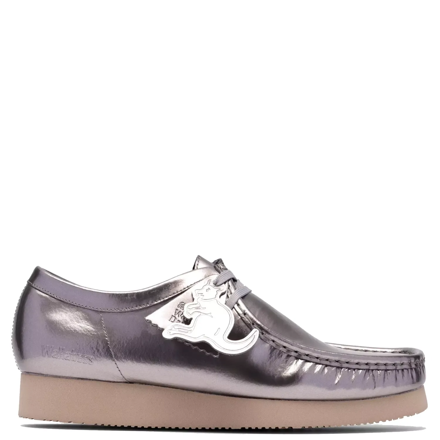Side profile of Clarks Wallabee in silver patent leather 