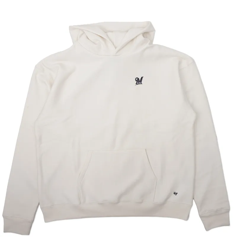 Front view of Milwaukee Brewers sandstone hoodie with minimal embroidered logo and kangaroo pocket.