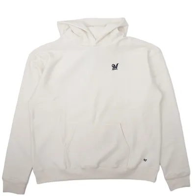 Front view of Milwaukee Brewers sandstone hoodie with minimal embroidered logo and kangaroo pocket.