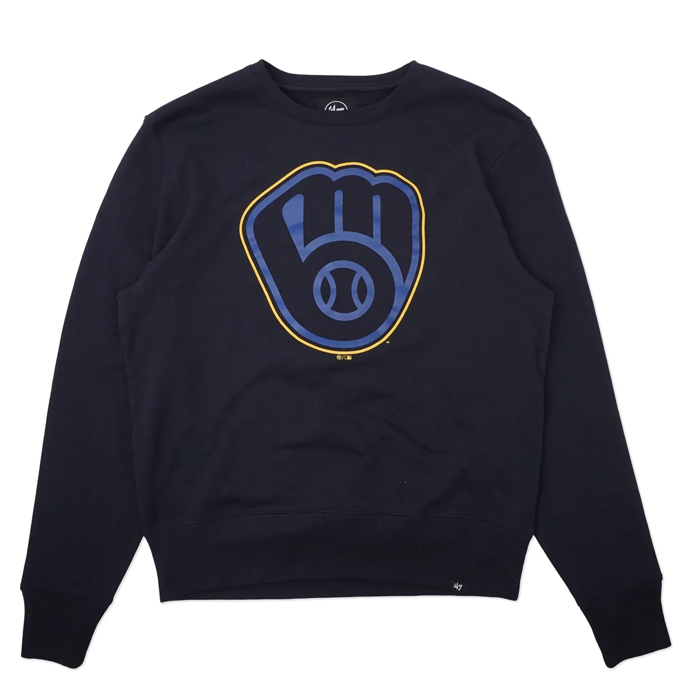 Front view of navy Brewers crewneck sweatshirt with oversized glove logo graphic.