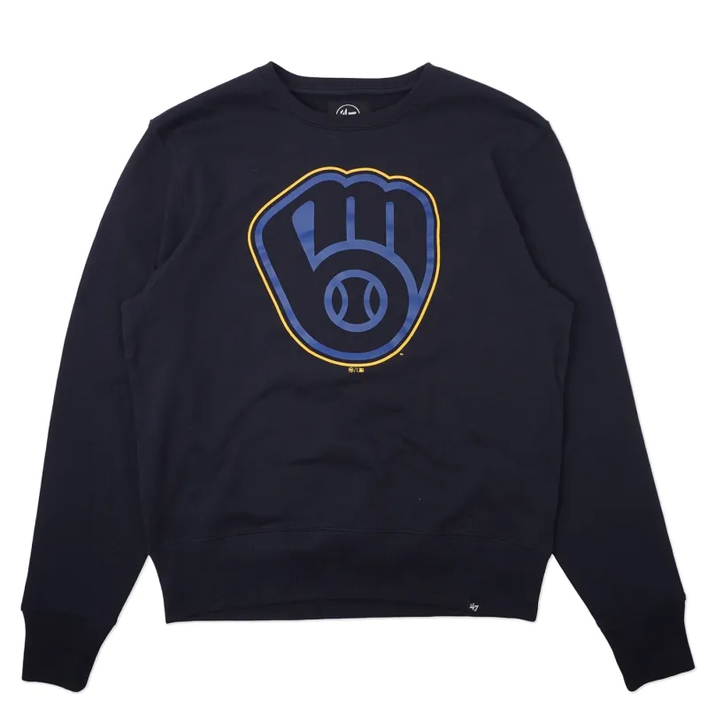 Front view of navy Brewers crewneck sweatshirt with oversized glove logo graphic.