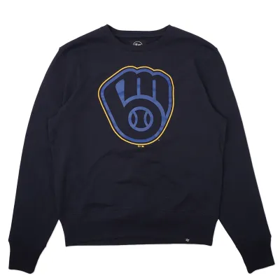 Front view of navy Brewers crewneck sweatshirt with oversized glove logo graphic.