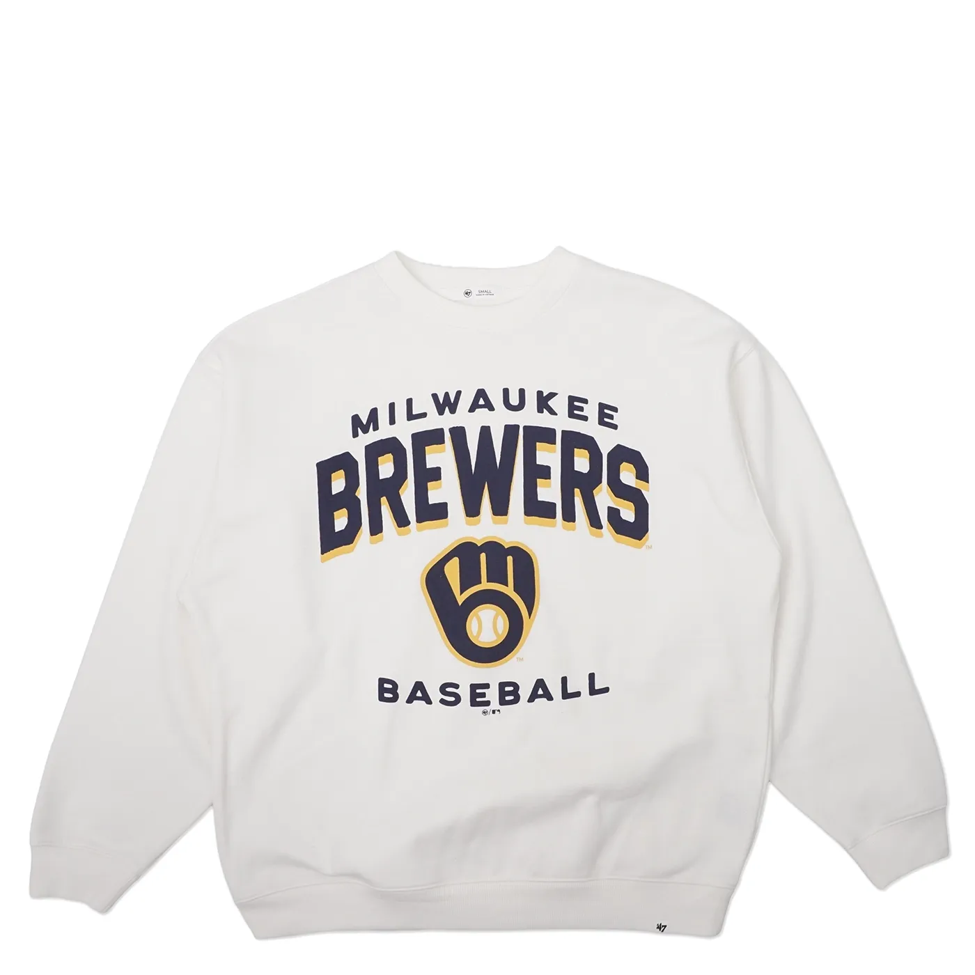 Front view of women's sandstone oversized Brewers crewneck with arched logo graphic.