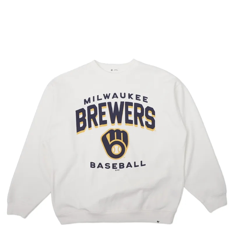Front view of women's sandstone oversized Brewers crewneck with arched logo graphic.