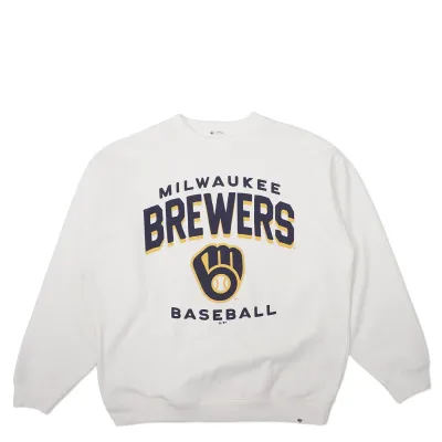 Front view of women's sandstone oversized Brewers crewneck with arched logo graphic.