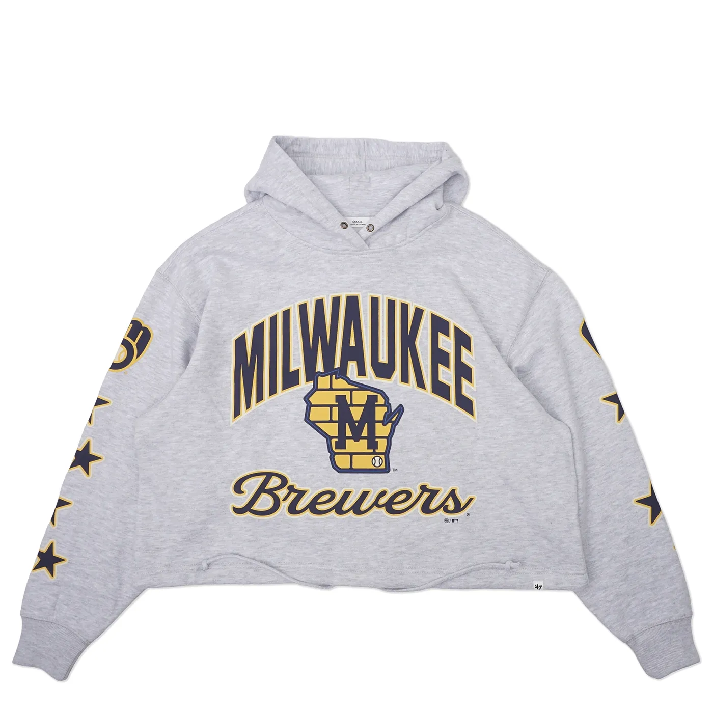 Front view of grey cropped Brewers hoodie with arched Milwaukee graphic and script logo.