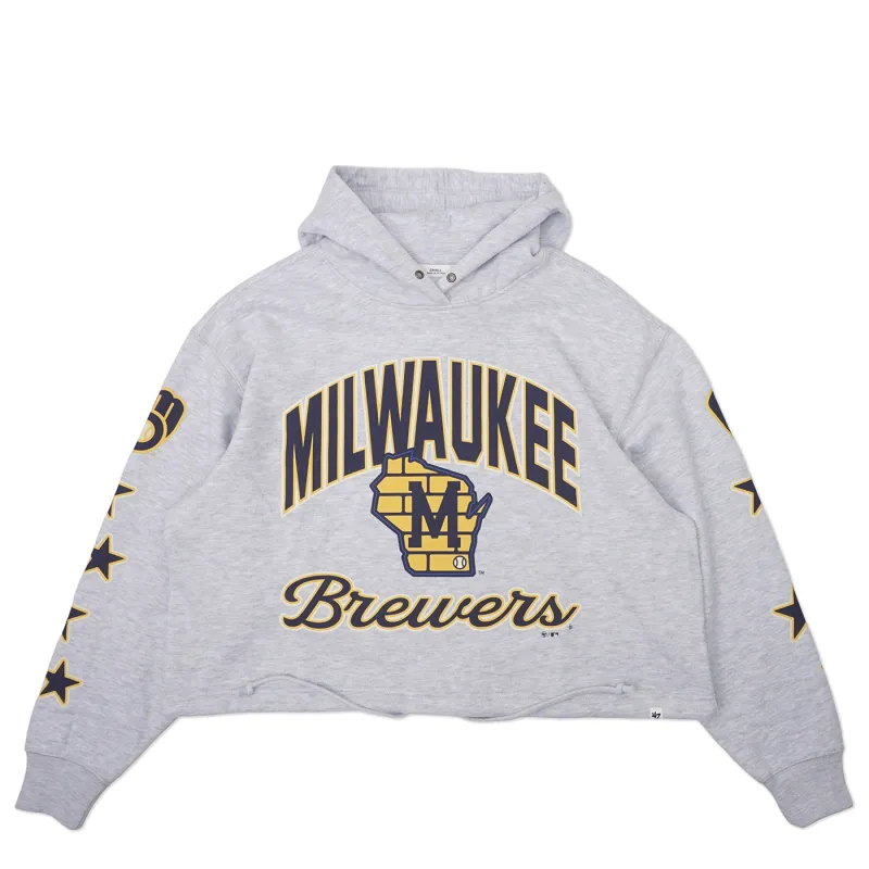 Front view of grey cropped Brewers hoodie with arched Milwaukee graphic and script logo.