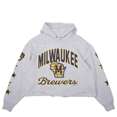 Front view of grey cropped Brewers hoodie with arched Milwaukee graphic and script logo.
