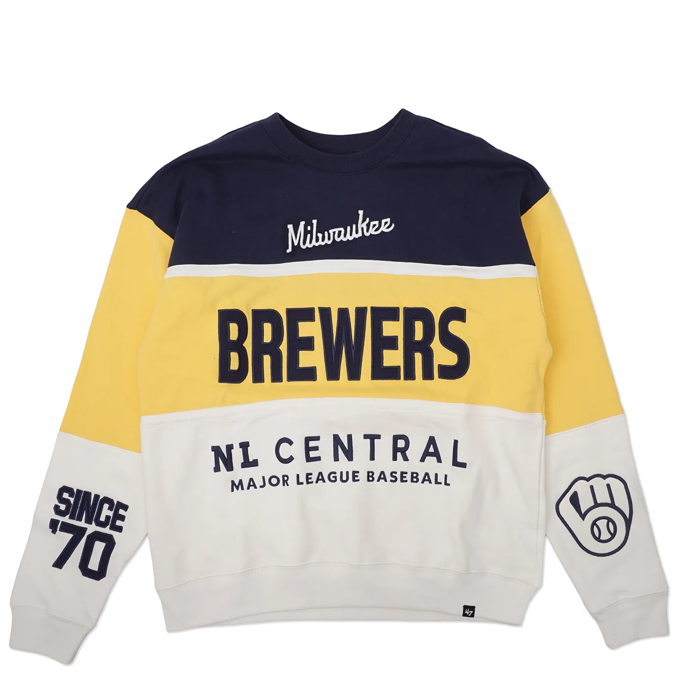 Front view of Brewers color block crewneck with navy, gold, and cream panels and large logo.