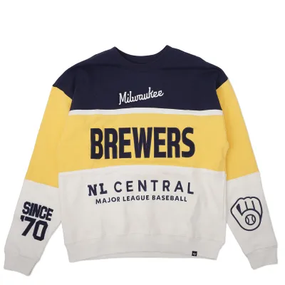 Front view of Brewers color block crewneck with navy, gold, and cream panels and large logo.