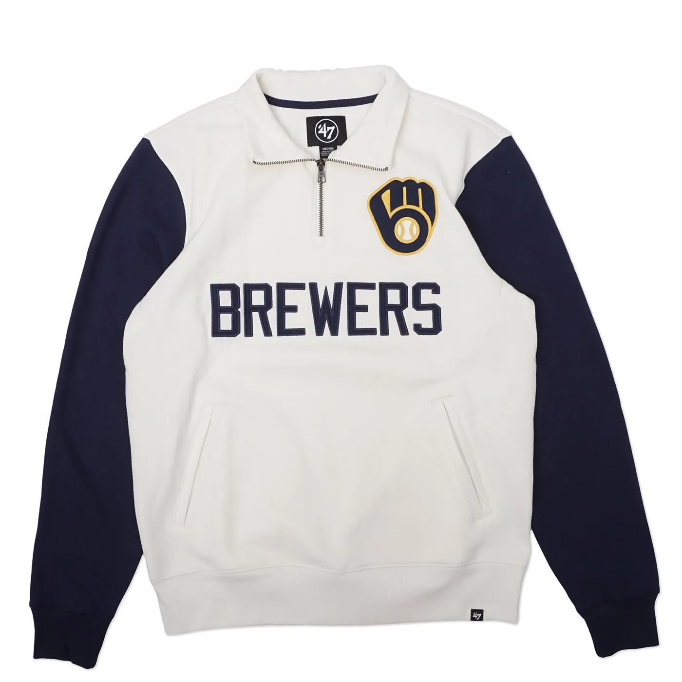 Front view of Brewers quarter zip sweatshirt in sandstone with navy sleeves and tackle twill lettering.