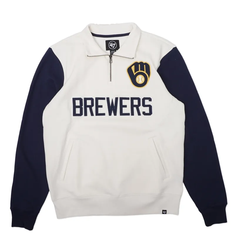Front view of Brewers quarter zip sweatshirt in sandstone with navy sleeves and tackle twill lettering.