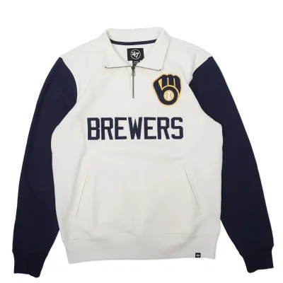 Front view of Brewers quarter zip sweatshirt in sandstone with navy sleeves and tackle twill lettering.