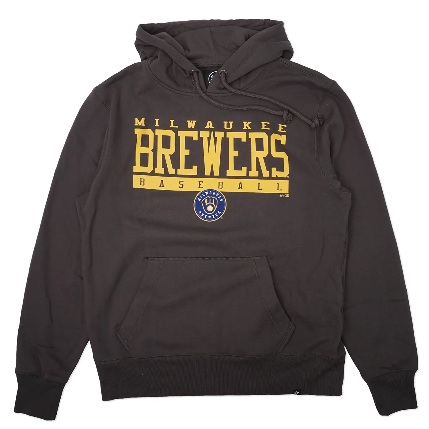 Front view of charcoal Brewers hoodie with large gold headline graphic and kangaroo pocket.