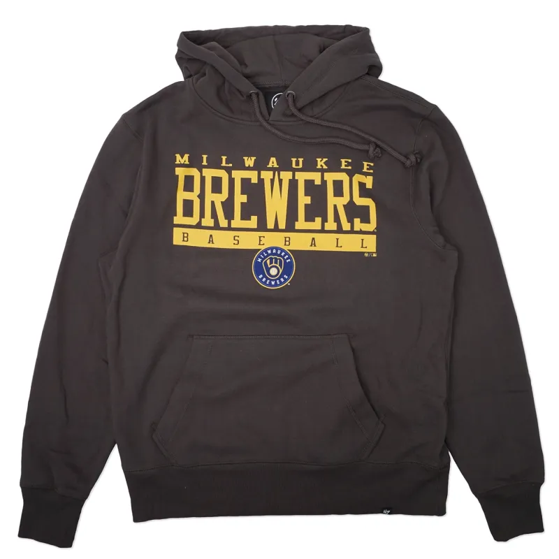 Front view of charcoal Brewers hoodie with large gold headline graphic and kangaroo pocket.