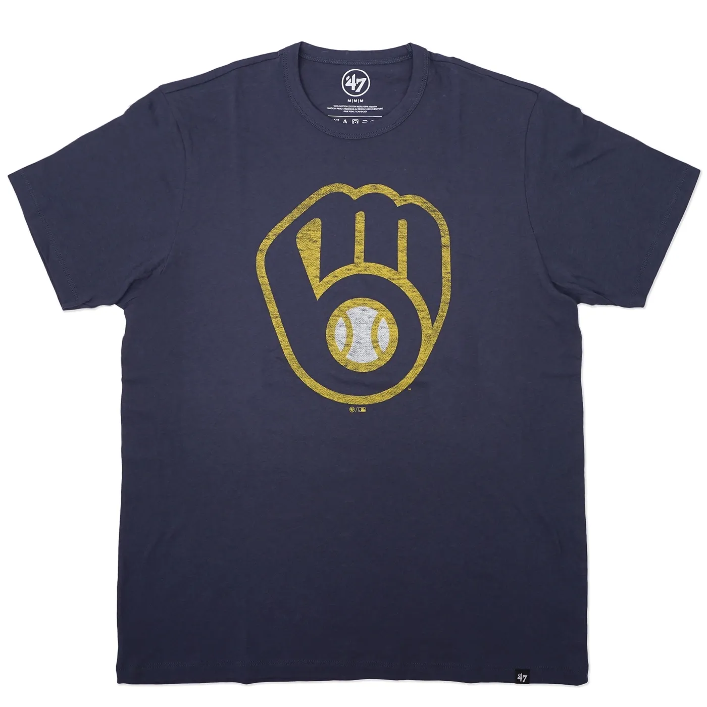 Front view of navy Milwaukee Brewers t-shirt with distressed glove logo graphic