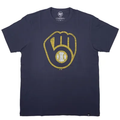 Front view of navy Milwaukee Brewers t-shirt with distressed glove logo graphic