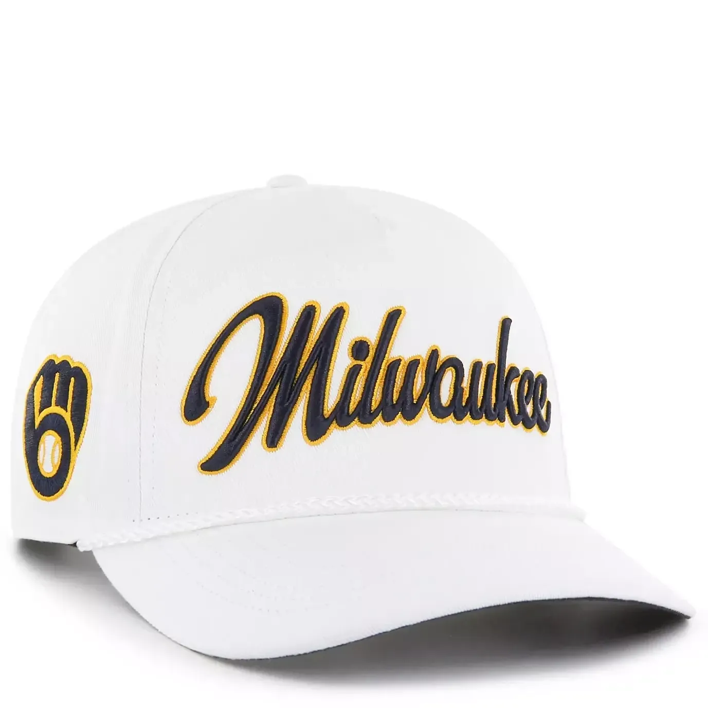 Angled view of white Brewers hat with script front logo and side glove embroidery