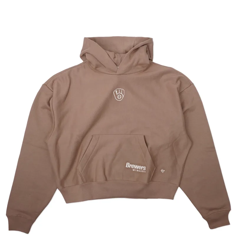 Front view of brown cropped Brewers hoodie with embroidered chest logo and kangaroo pocket.