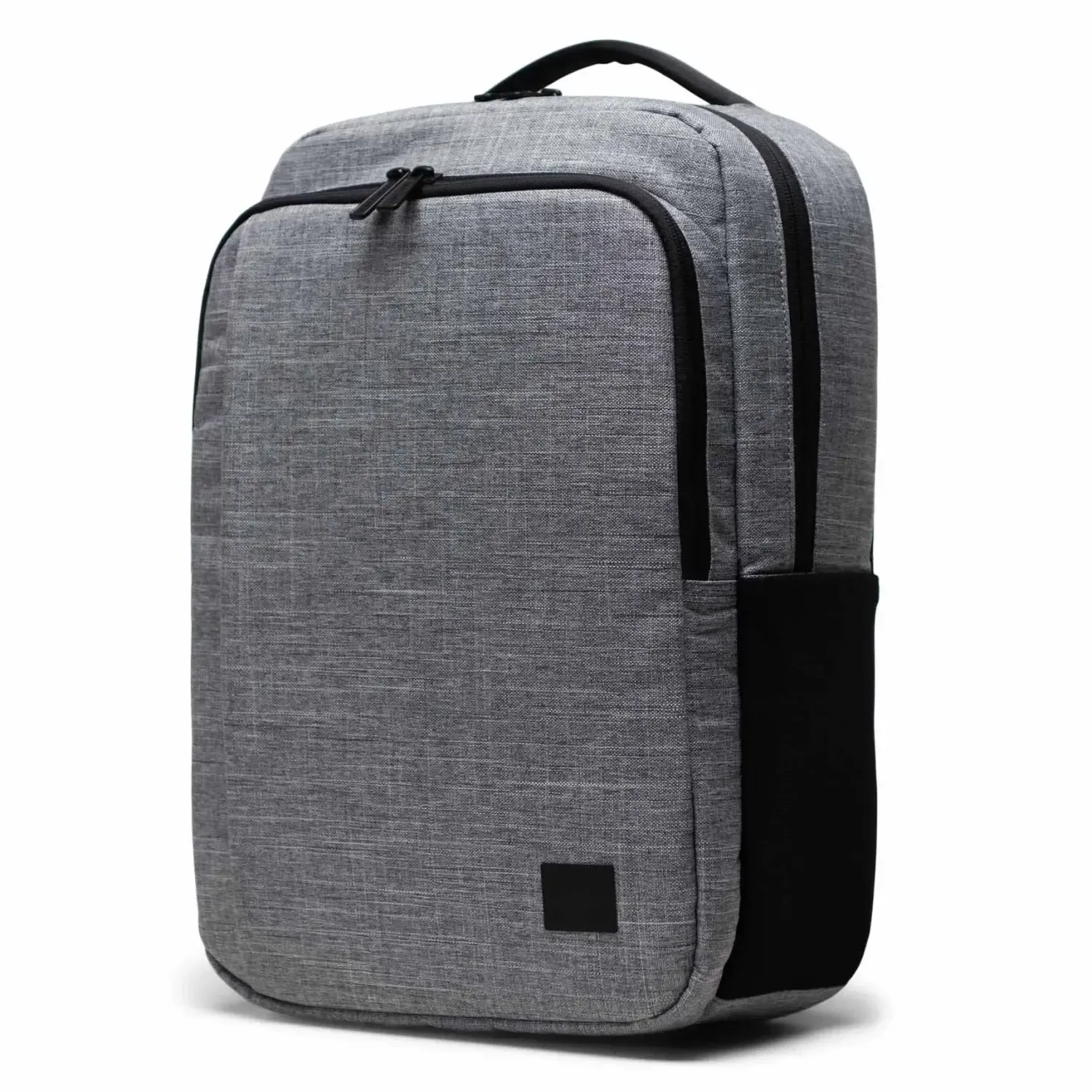 Side view highlighting structured silhouette and front zip pocket