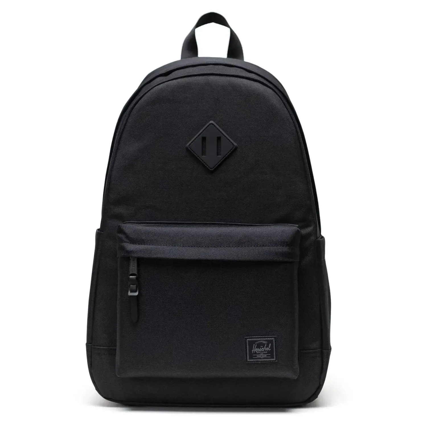 Front view of black tonal Herschel Heritage backpack with signature diamond detail