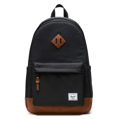 Herschel Heritage backpack front view in black with tan base and diamond detail