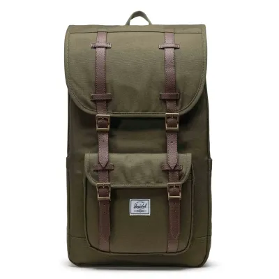 Front view of Herschel Little America backpack in ivy green with brown strap details and front pocket