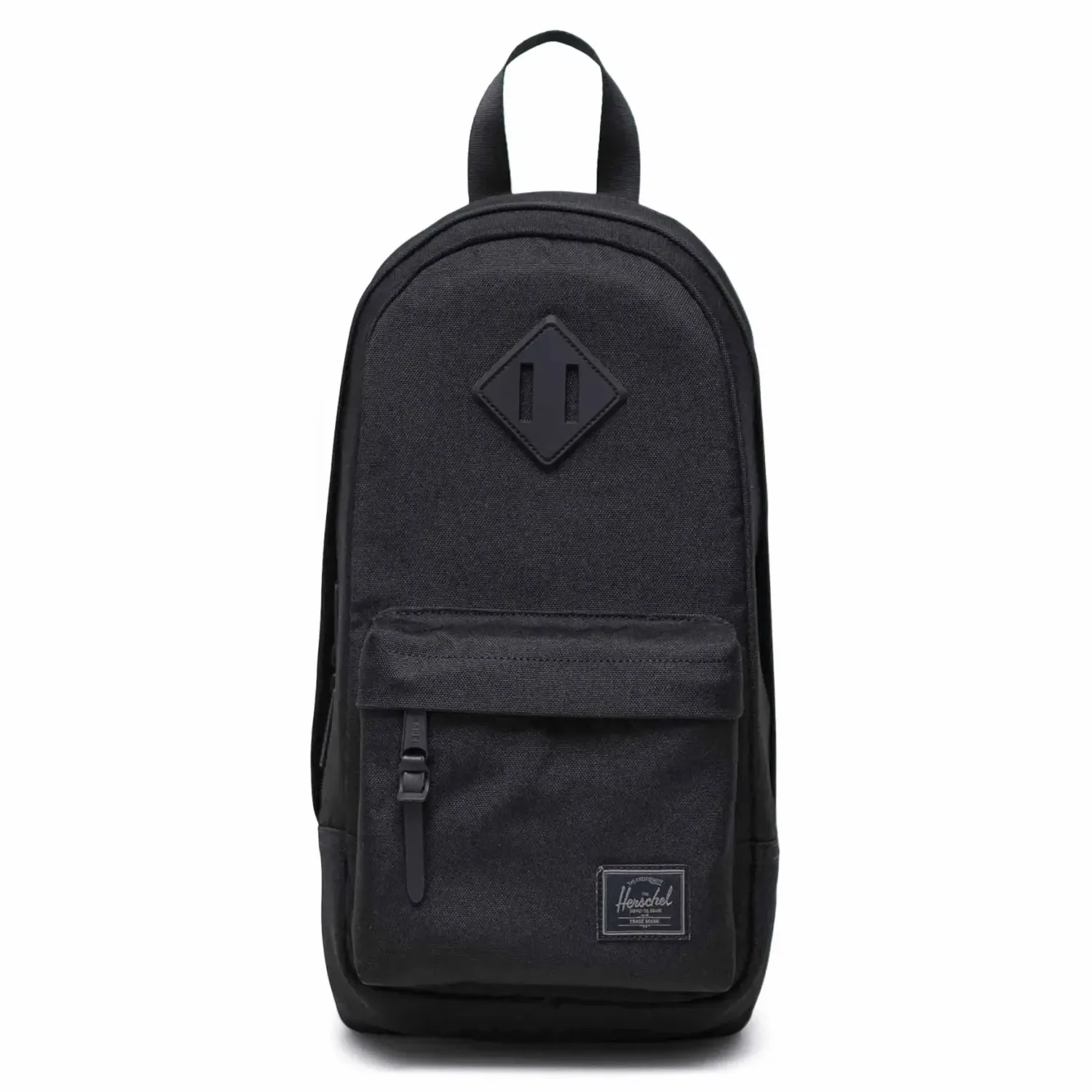 Front view of Herschel Heritage shoulder bag in black tonal with signature diamond detail