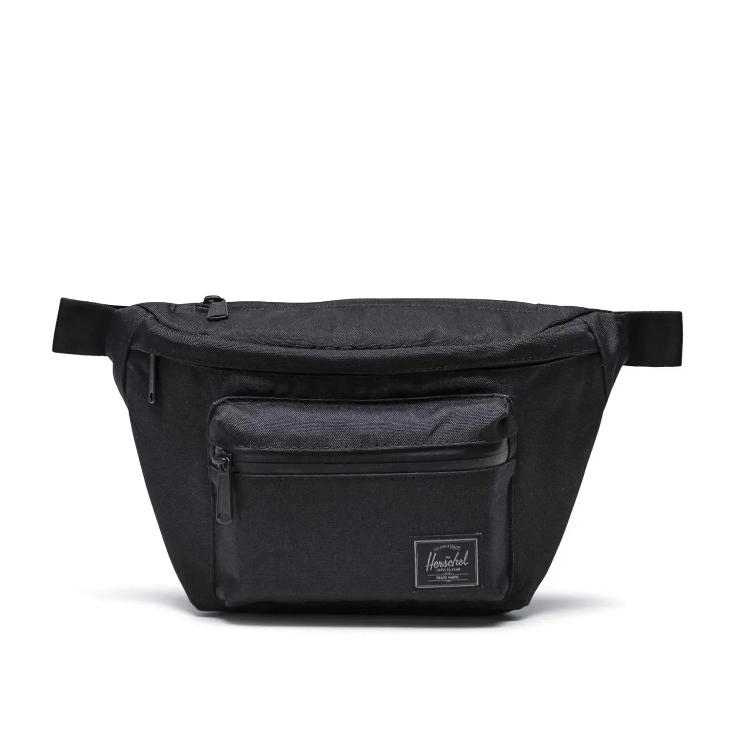 Front view of Herschel Pop Quiz hip pack in black tonal with front zip pocket