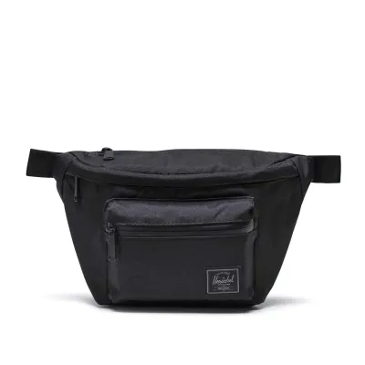 Front view of Herschel Pop Quiz hip pack in black tonal with front zip pocket