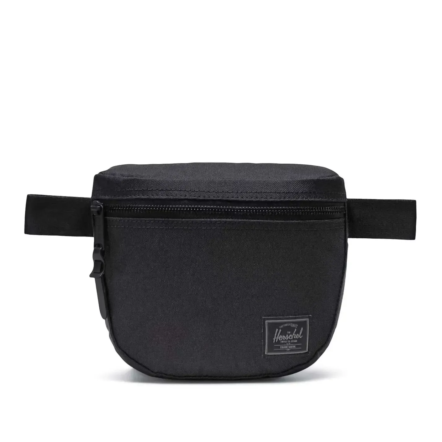 Front view of Herschel Settlement hip pack in black tonal with zip closure