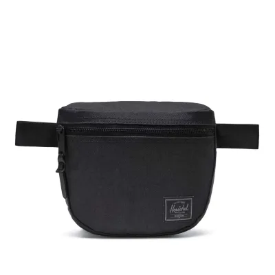 Front view of Herschel Settlement hip pack in black tonal with zip closure