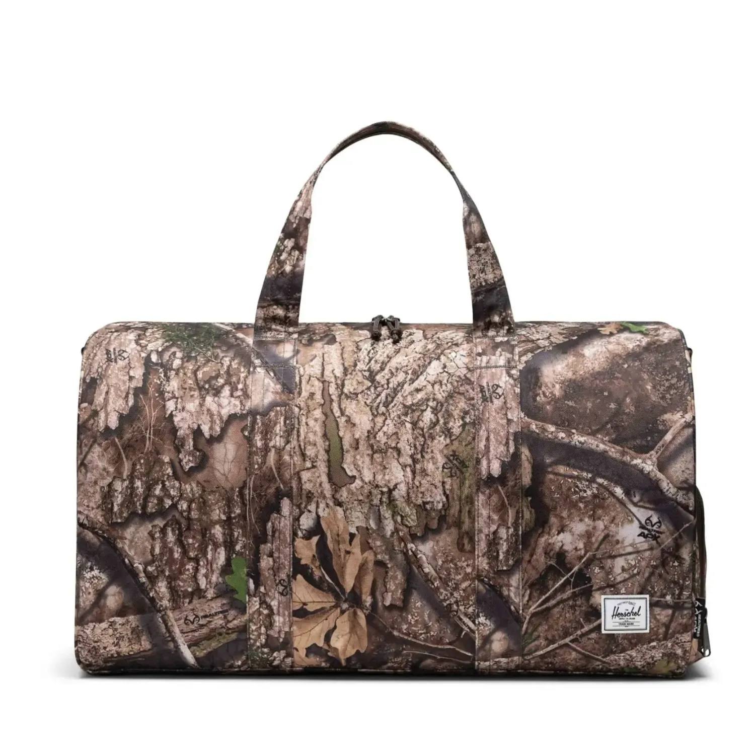 Herschel Realtree APX camo duffle bag front view with dual handles and zipper closure