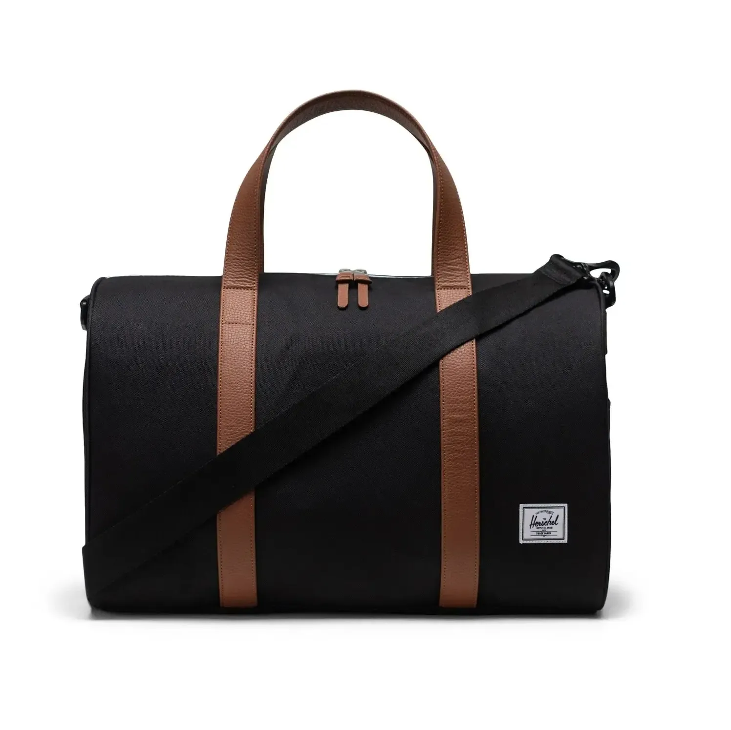 Herschel Supply Novel Carry On Duffle in black with brown handles and shoulder strap