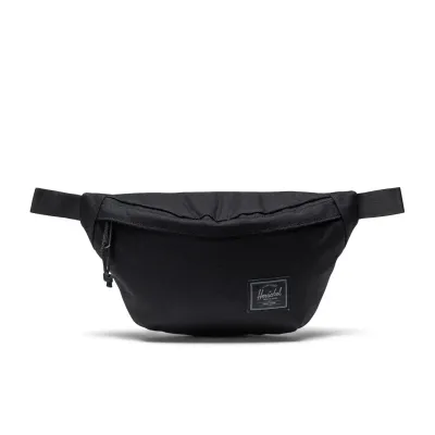 Herschel black tonal hip pack with front logo patch and zip closure