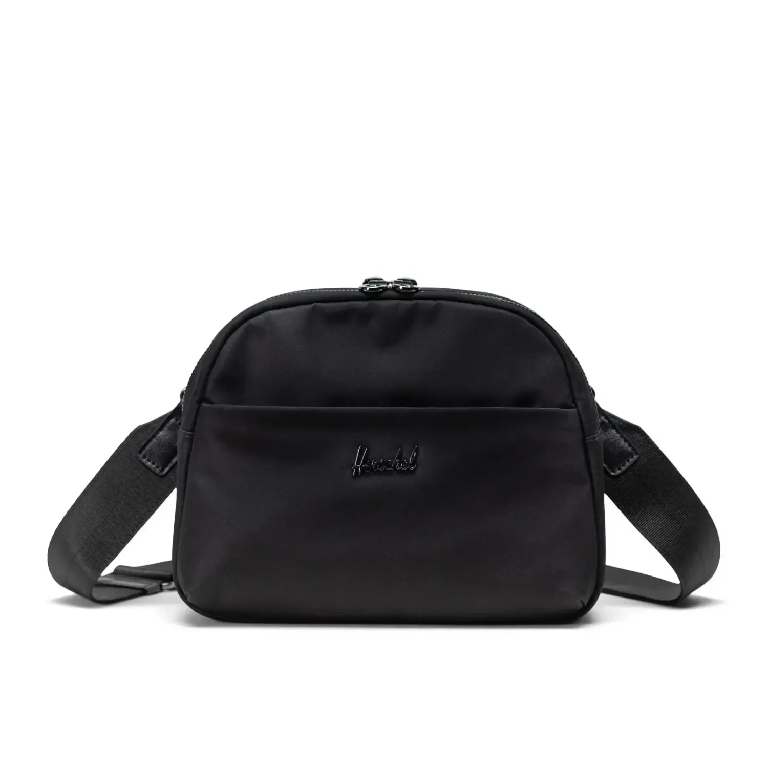 Front view of Herschel Thalia crossbody bag in black tonal with metal logo