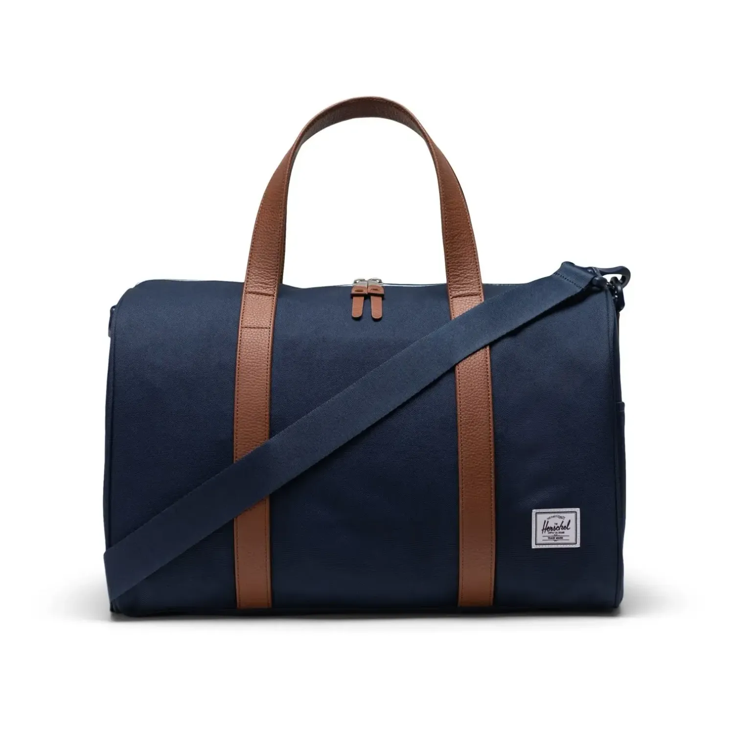 Front view of Herschel Novel carry on duffle bag in navy with brown handles and strap
