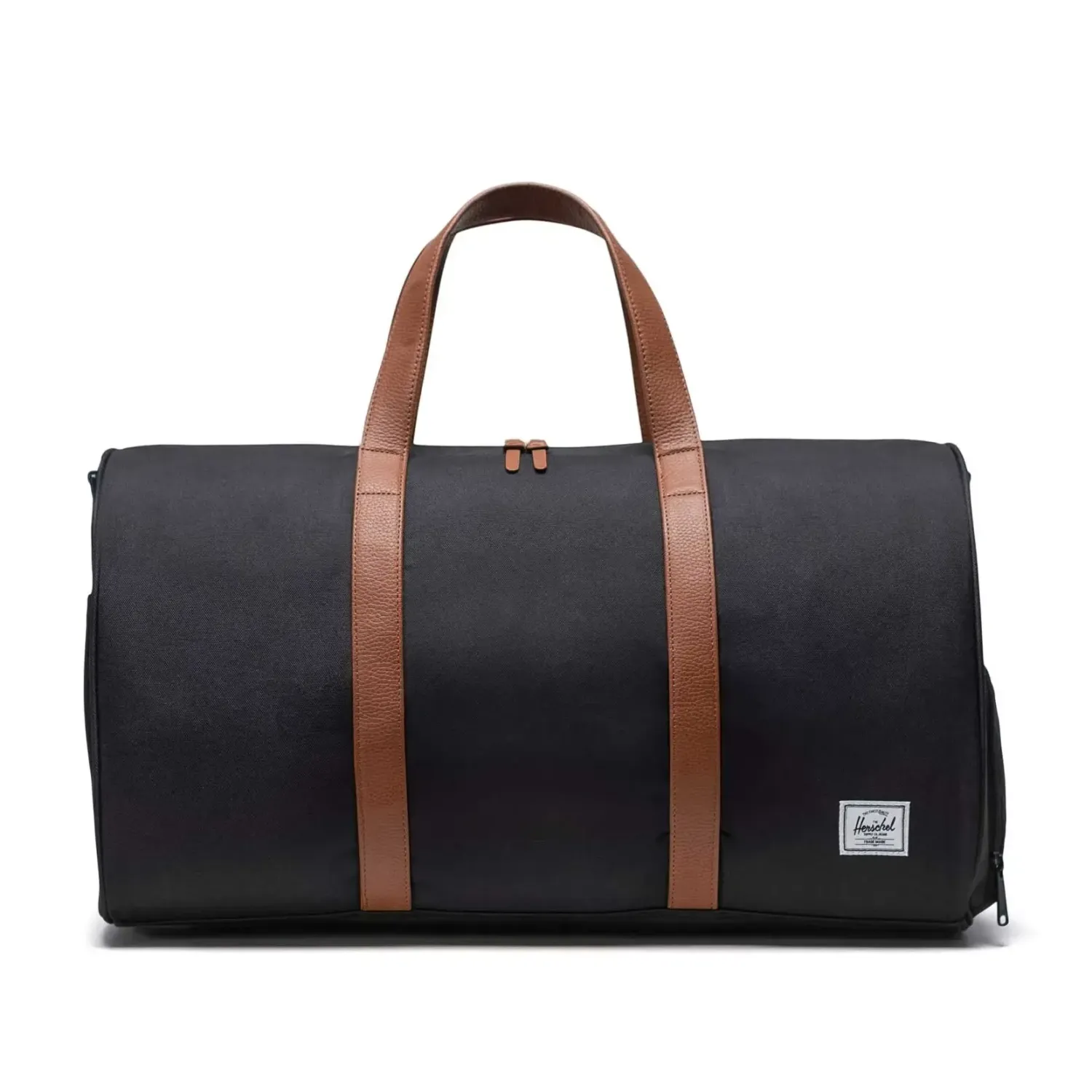 Front view of Herschel Novel duffle bag in black with brown handles