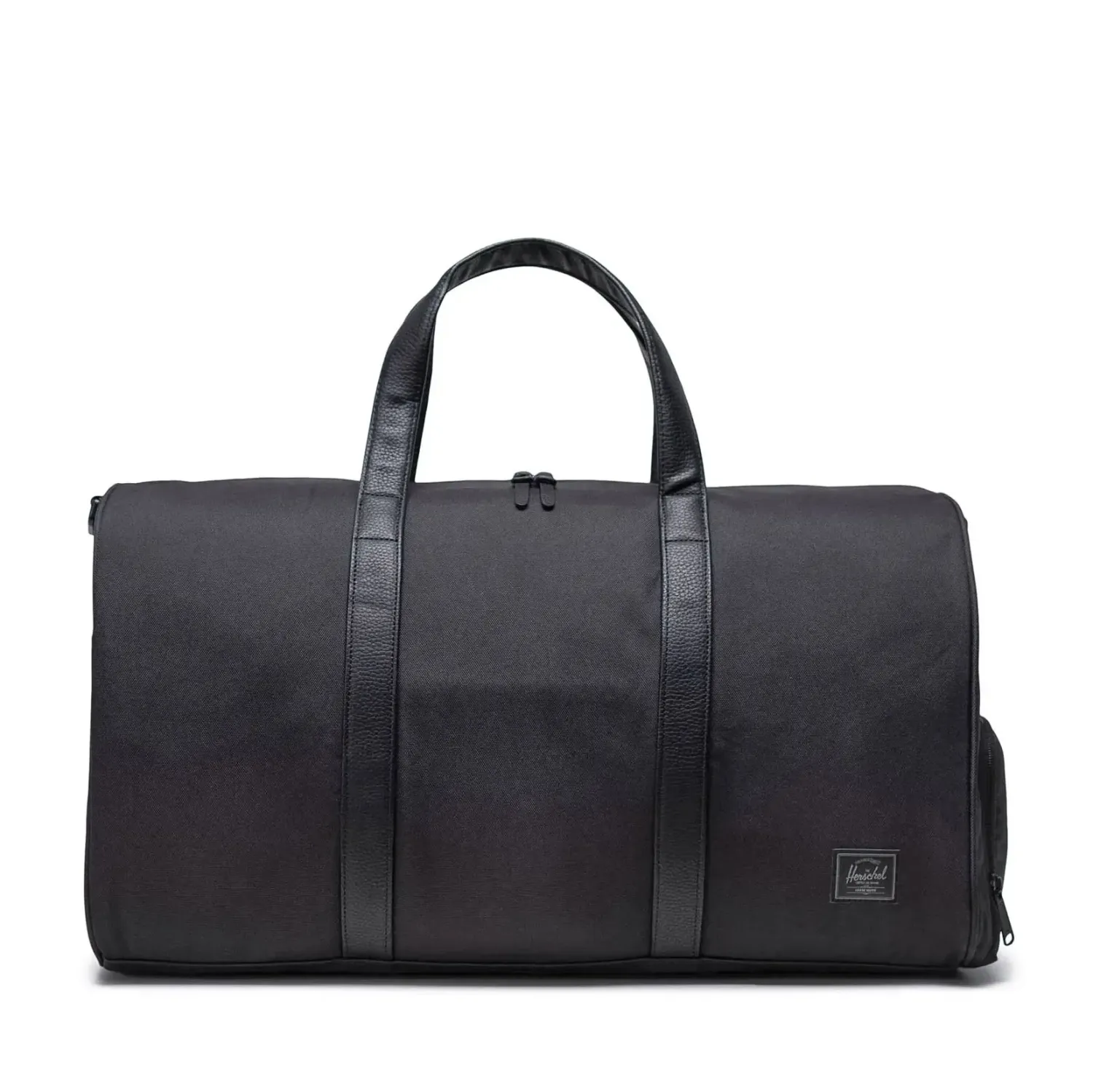 Front view of Herschel Novel duffle bag in black tonal with matching handles