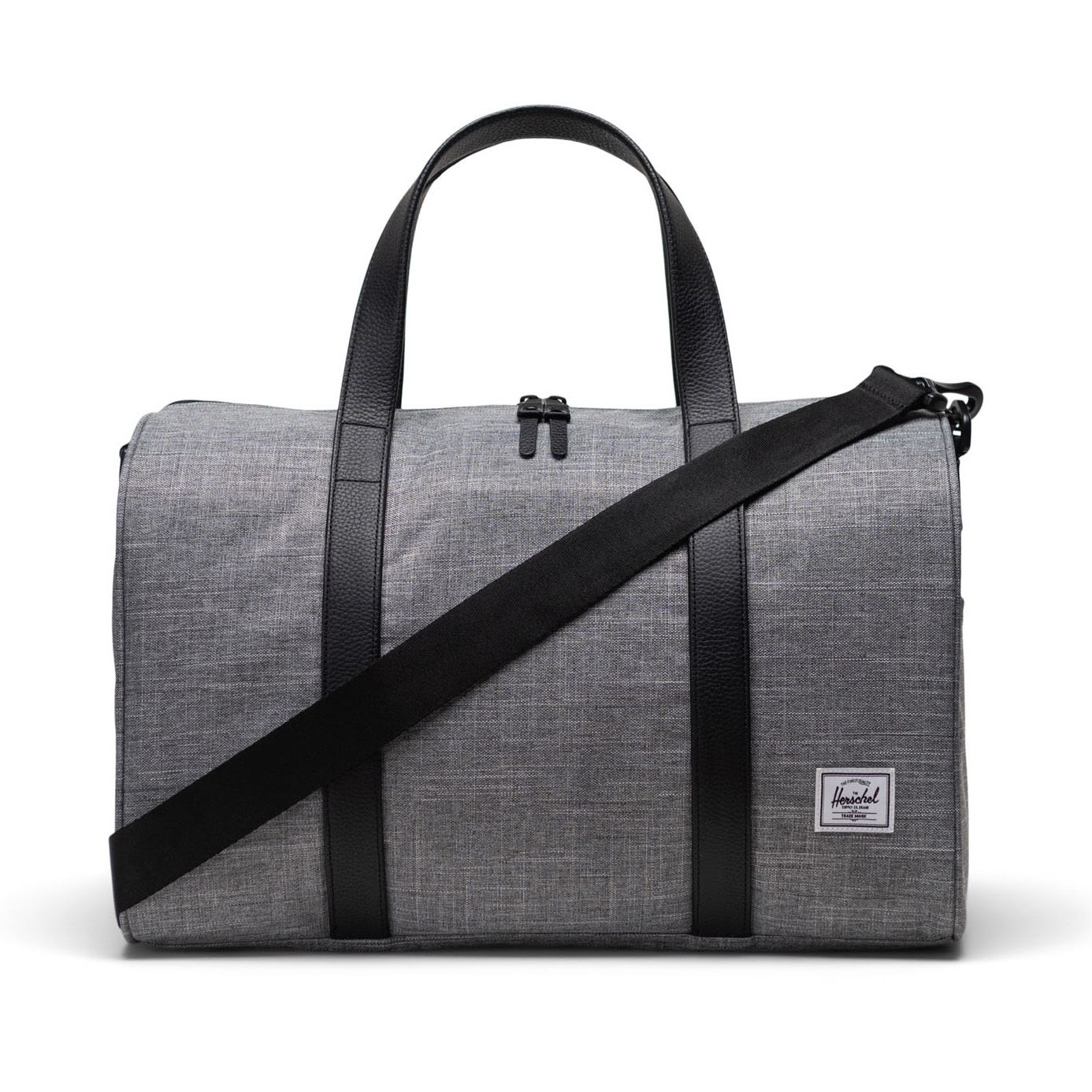 Front view of Herschel Novel duffle bag in Raven Crosshatch with black handles and strap