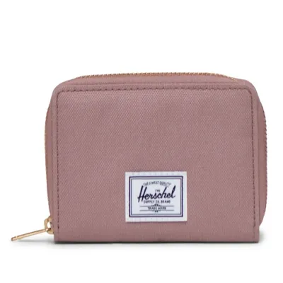Herschel Supply Tyler Wallet in Ash Rose front view with zip closure and logo patch