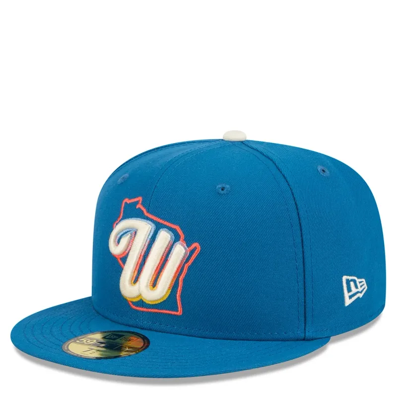 Front angled view of Brewers City Connect 59FIFTY hat in industrial blue